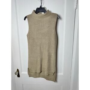 Tribal Chunky Knit Mock Neck Sleeveless Tank Tan Long Tunic Sweater Small Chic